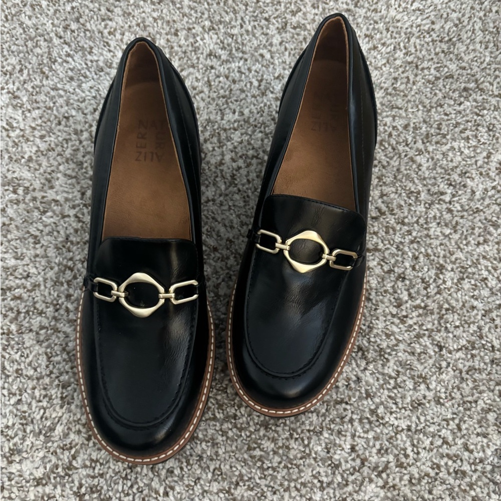 Naturalizer Black Loafers with Gold Chain Detail